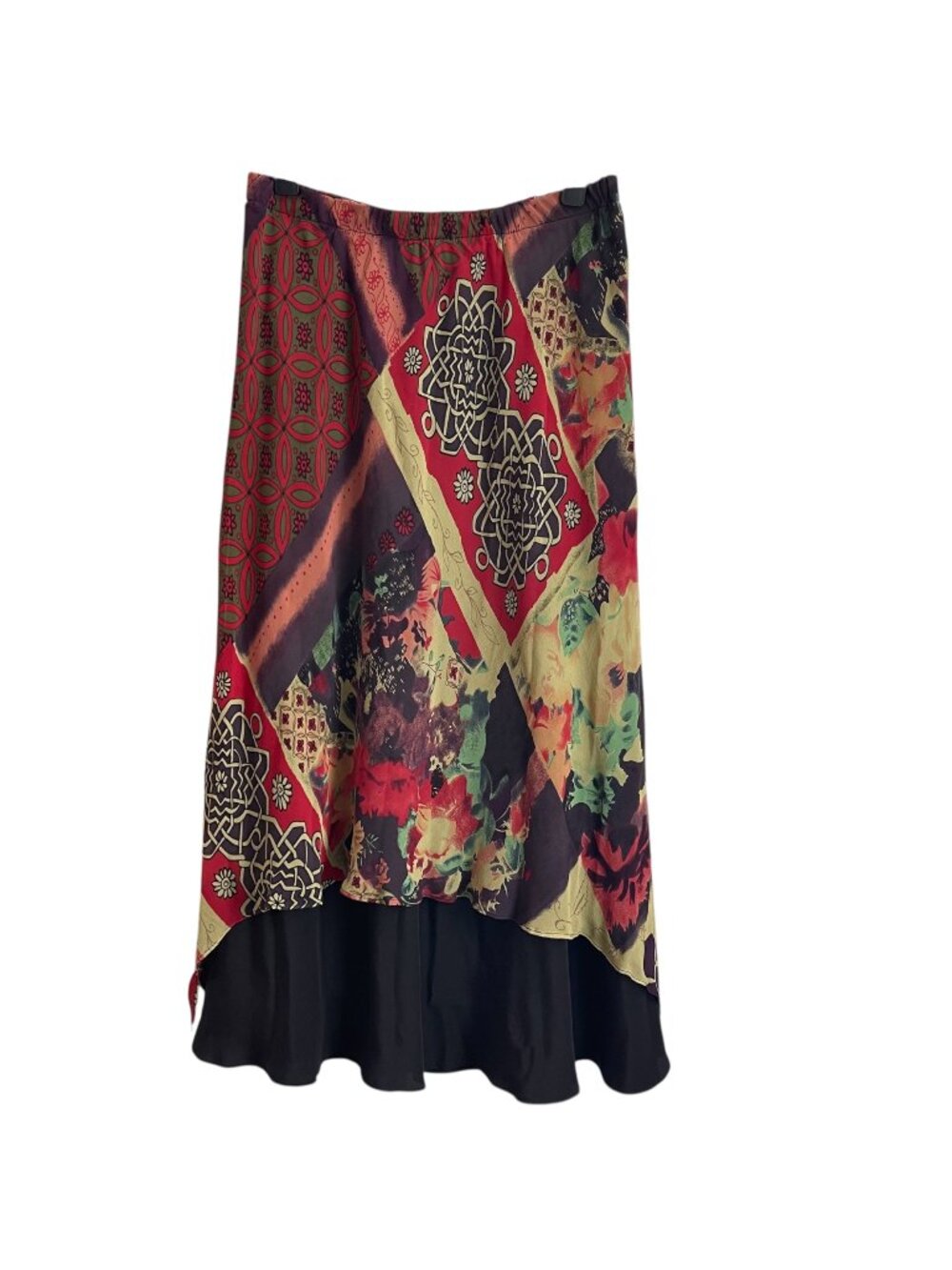 Gala Collection Womens 100% Silk Skirt Size L Boho Patchwork Handkerchief Midi